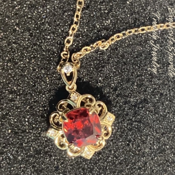 10k Gold Plated Cushion Cut Prong Set Simulated Red Ruby(Cz)Pendant Necklace - Picture 8 of 16